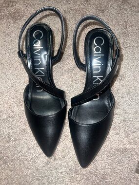Calvin Klein Black Pointed Sling Pumps with Crossover Strap